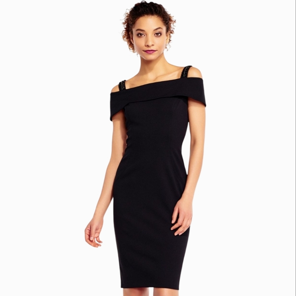Adrianna Papell crepe off the shoulder black mini cocktail dress size 24W